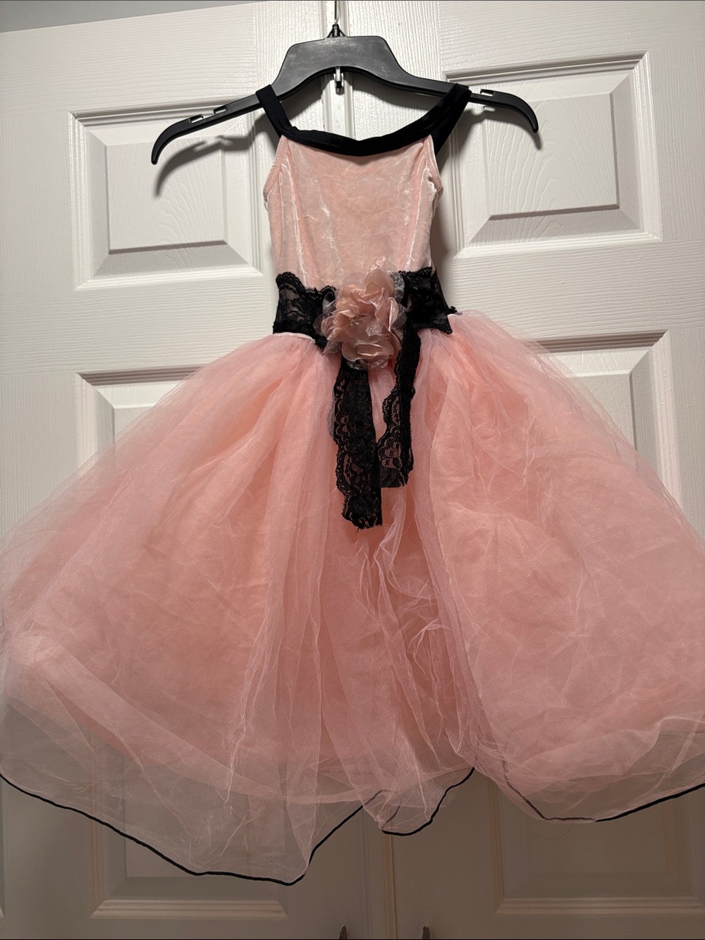 Kids Pink Tulle Costume Dress with Black Lace Accent